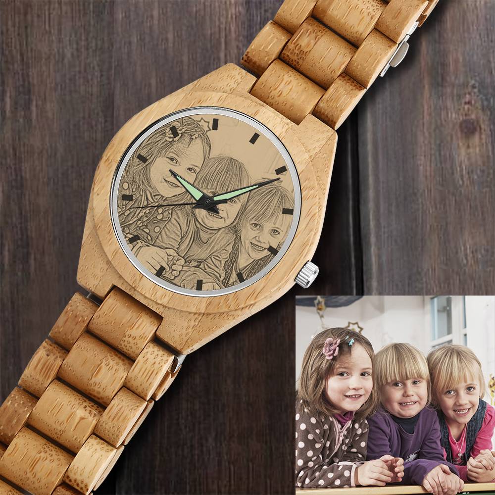 Personalized Engraved Wooden Men's Photo Watch 45mm