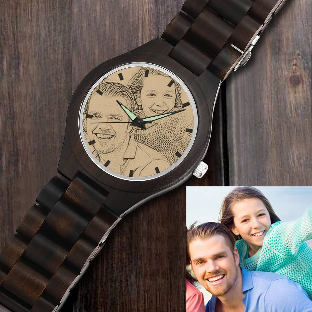 Personalized Engraved Wooden Men's Photo Watch 45mm