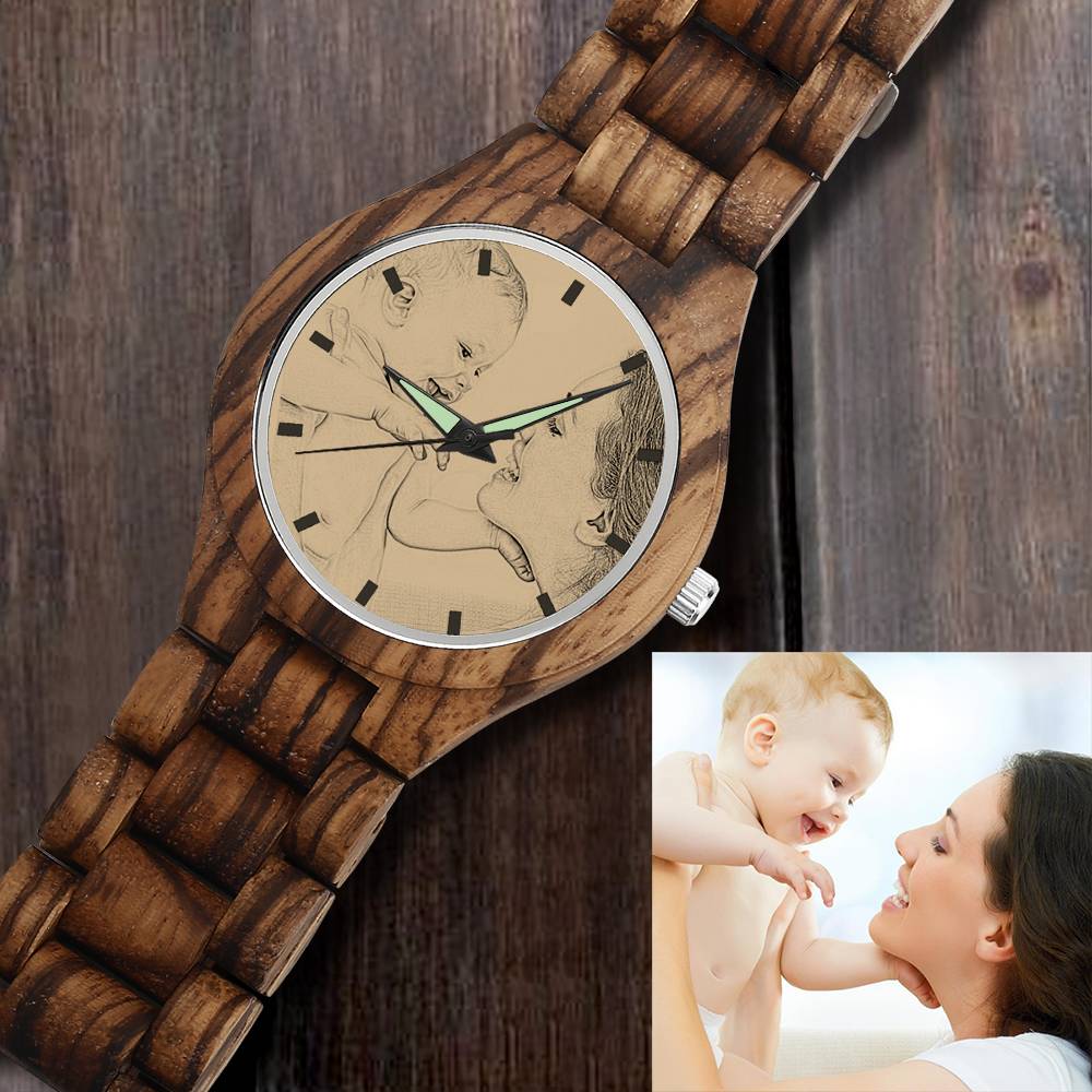 Personalized Engraved Wooden Men's Photo Watch 45mm