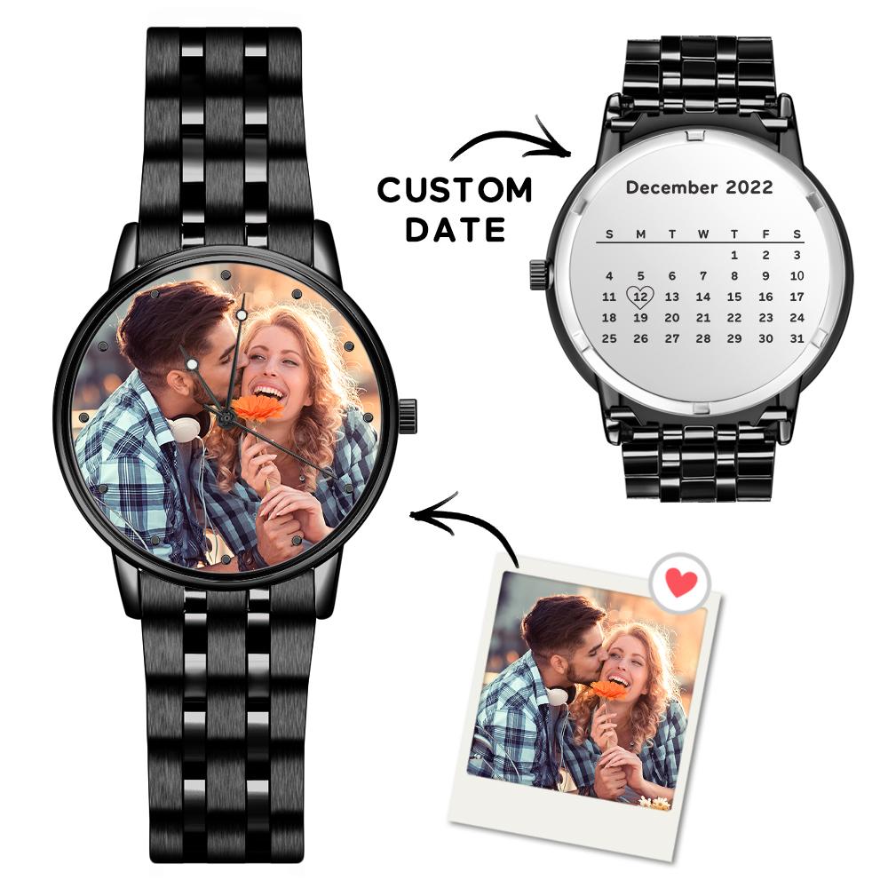 Men's Engraved Photo Watch Calendar Black Alloy Bracelet