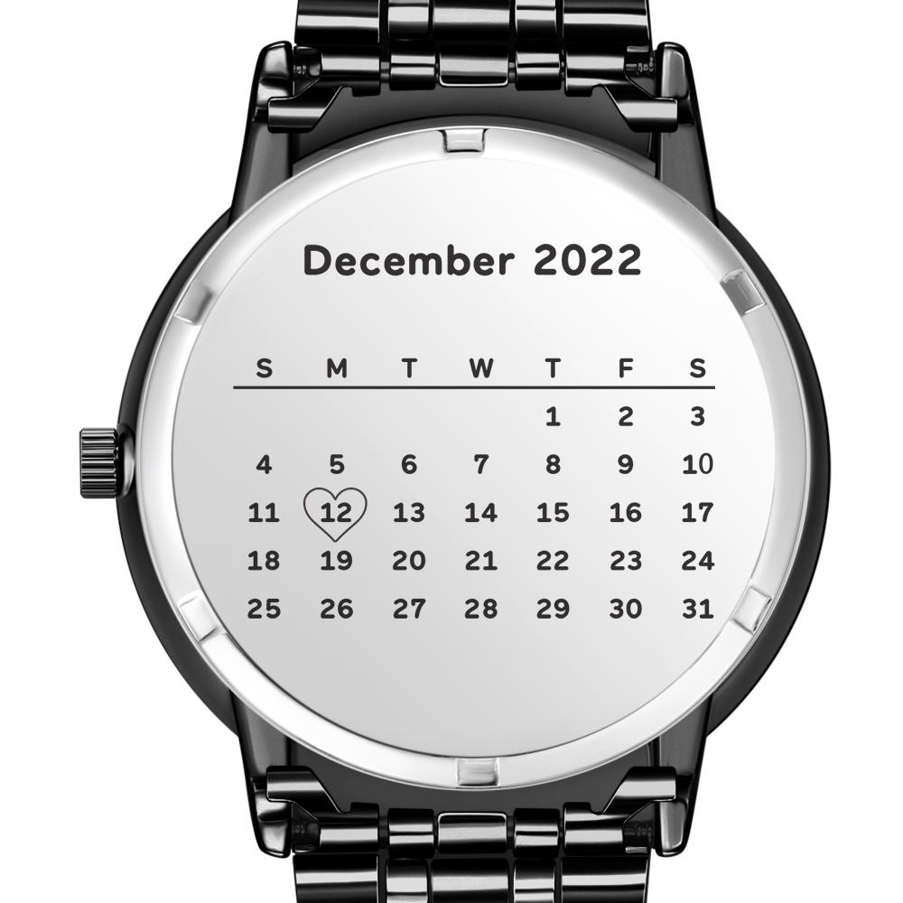 Men's Engraved Photo Watch Calendar Black Alloy Bracelet