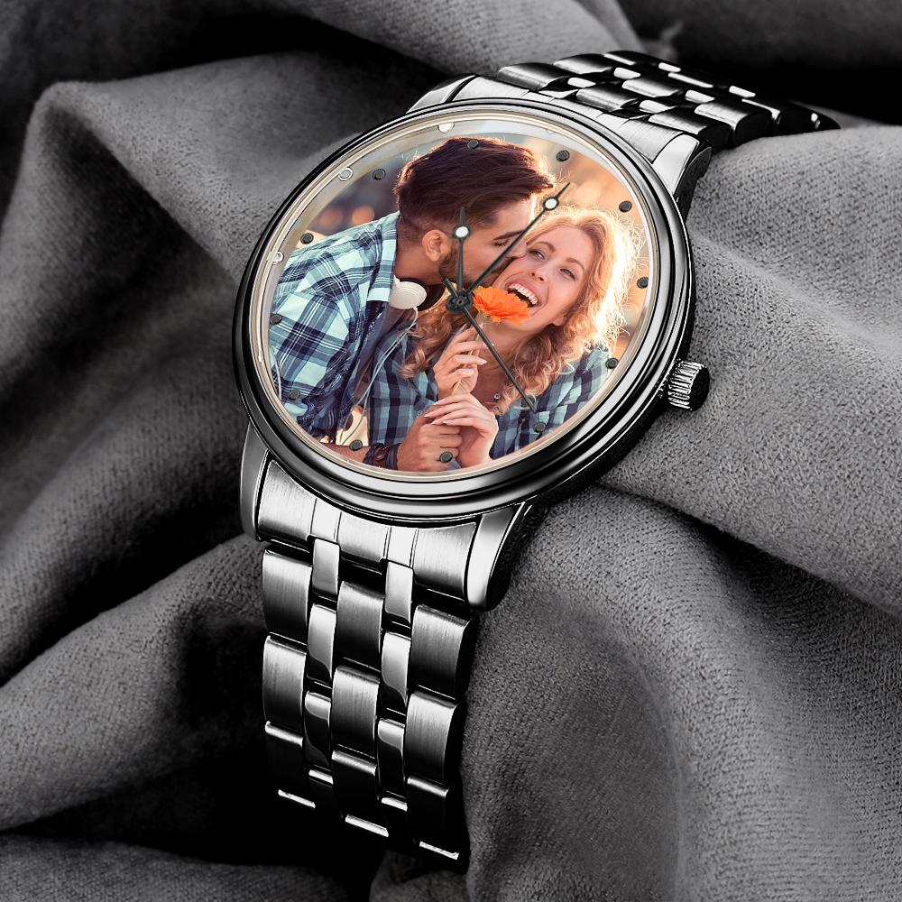 Men's Engraved Photo Watch Calendar Black Alloy Bracelet