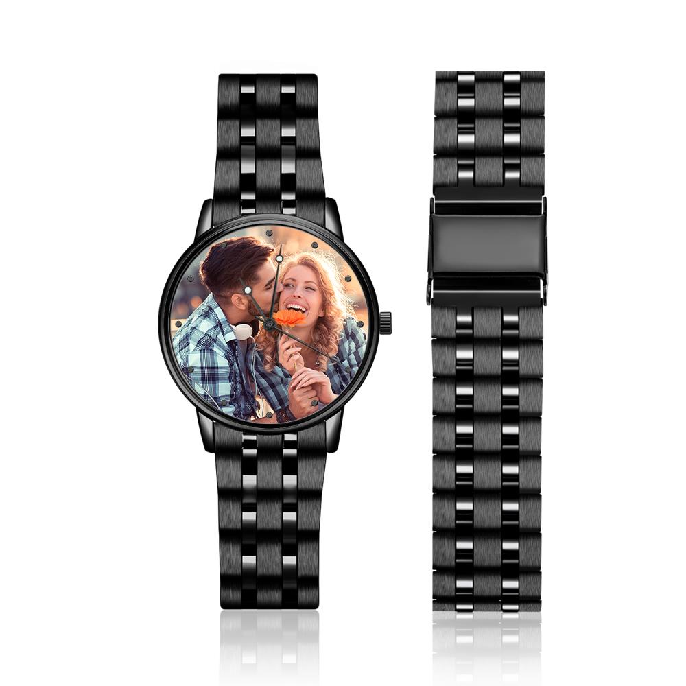 Men's Engraved Photo Watch Calendar Black Alloy Bracelet