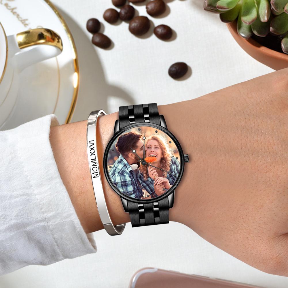 Men's Engraved Photo Watch Calendar Black Alloy Bracelet