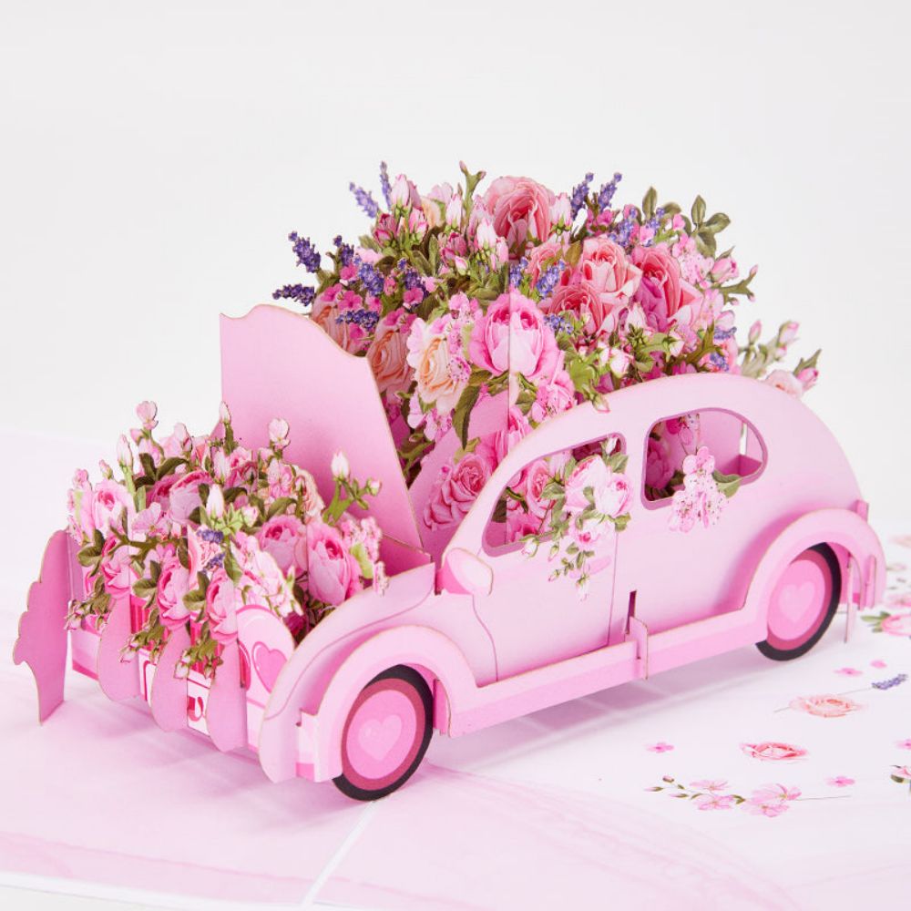 3D Creative Pink Car Pop Up Card Flower Pop Up Greeting Card