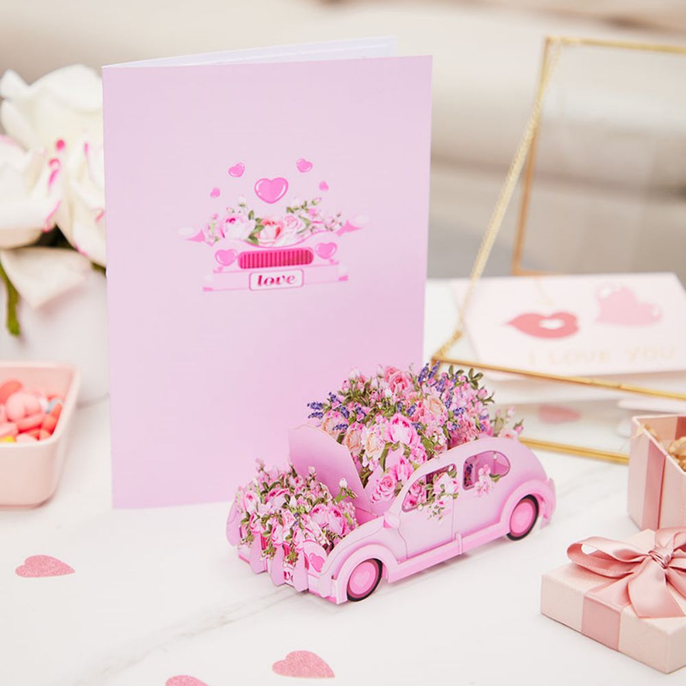 3D Creative Pink Car Pop Up Card Flower Pop Up Greeting Card