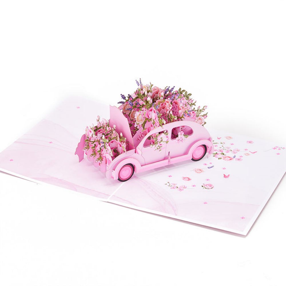 3D Creative Pink Car Pop Up Card Flower Pop Up Greeting Card