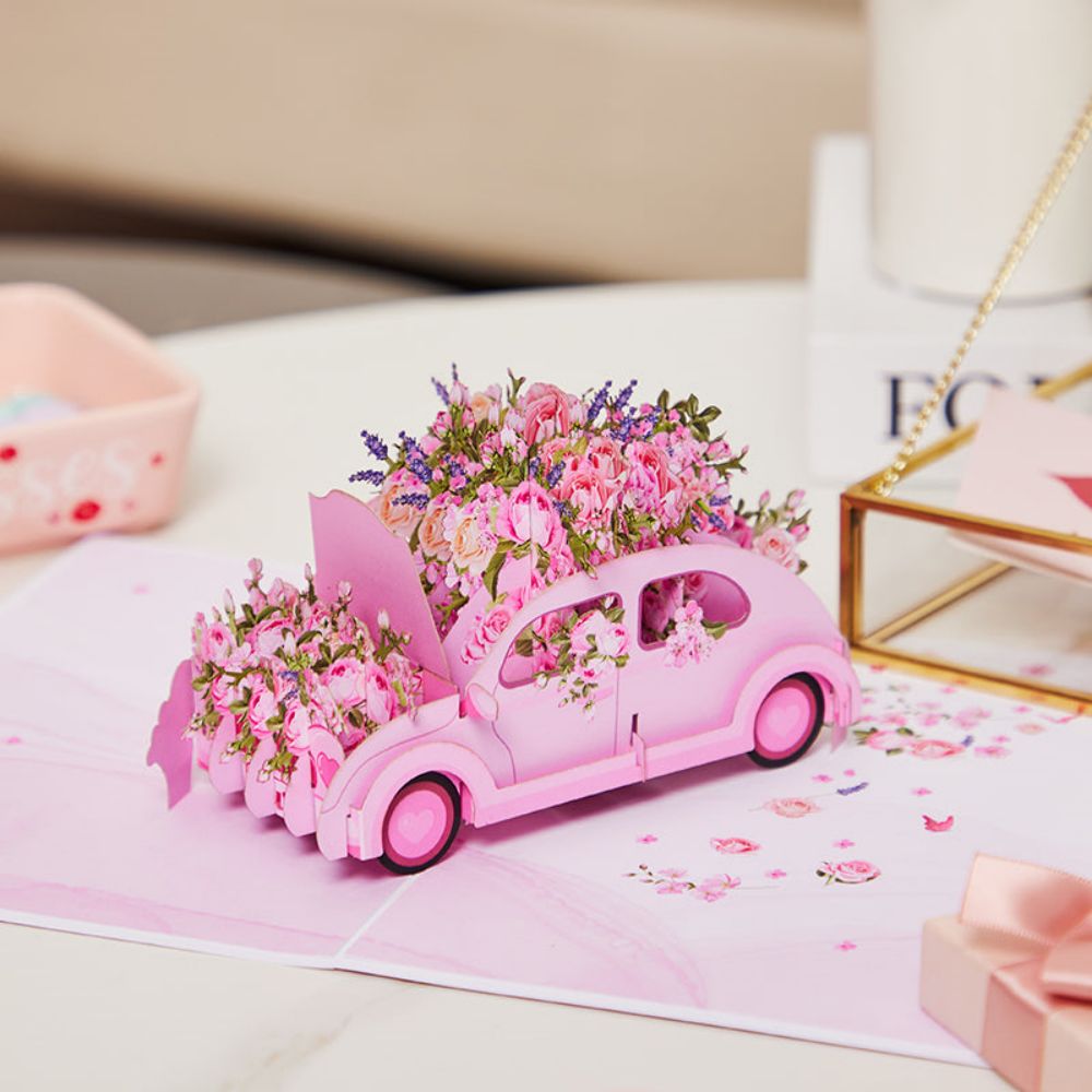 3D Creative Pink Car Pop Up Card Flower Pop Up Greeting Card