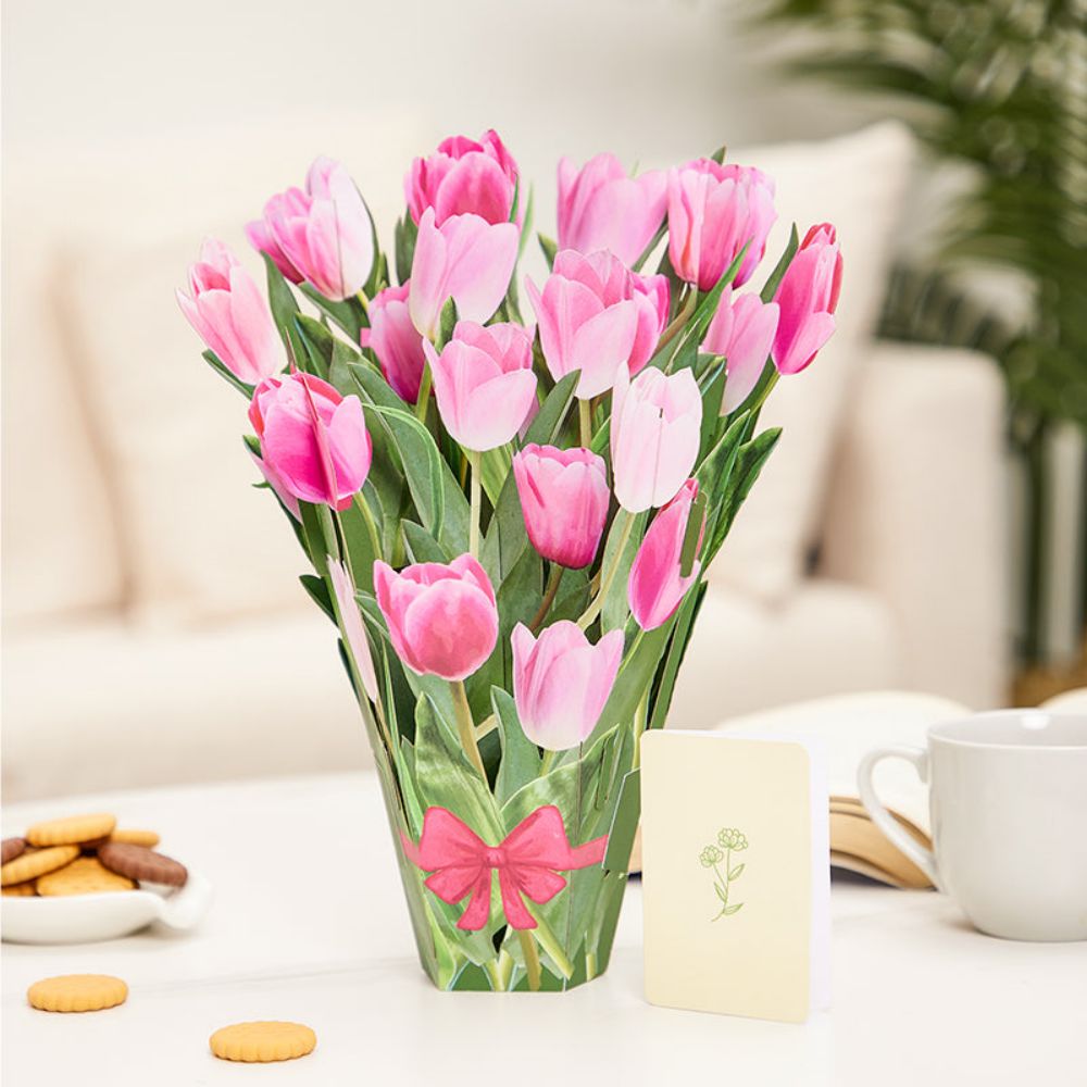 3D Creative Pink Tulip Bouquet Pop Up Greeting Card