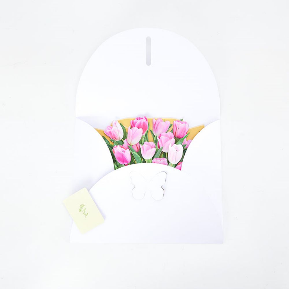 3D Creative Pink Tulip Bouquet Pop Up Greeting Card