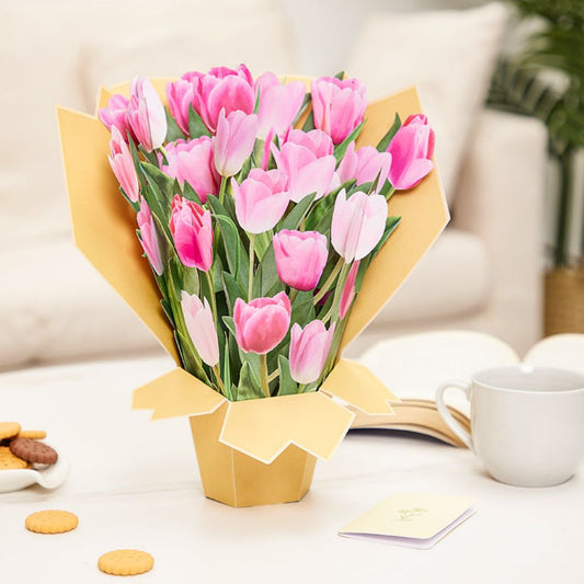 3D Creative Pink Tulip Bouquet Pop Up Greeting Card