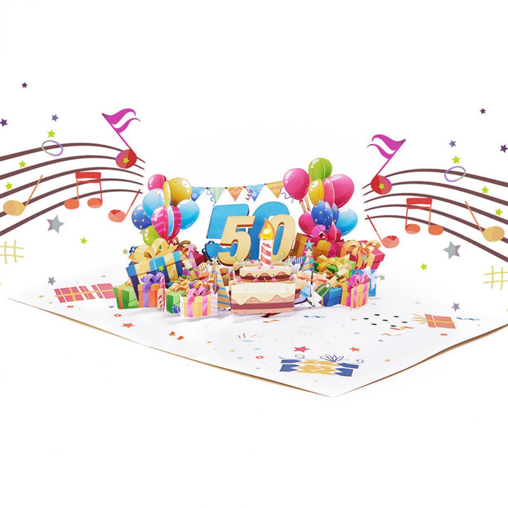 Lights and Music 50th Happy Birthday 3D Pop Up Greeting Card for Her or Him