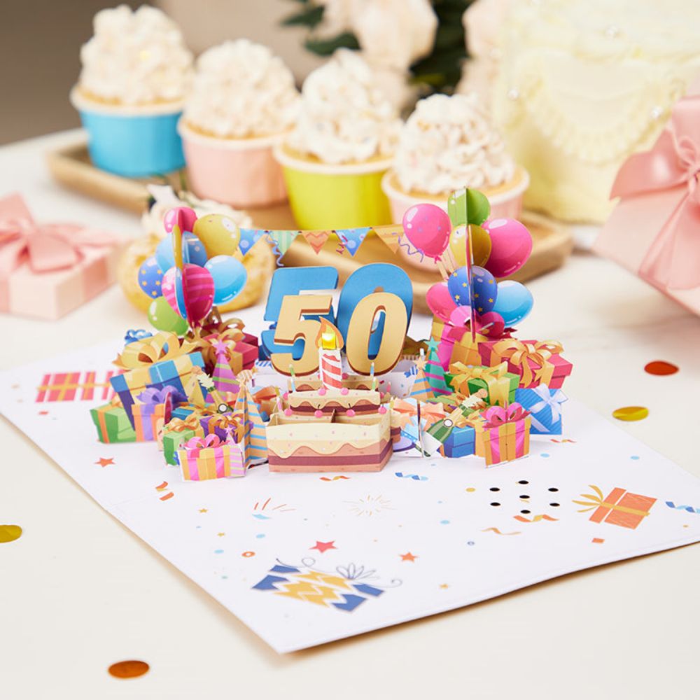 Lights and Music 50th Happy Birthday 3D Pop Up Greeting Card for Her or Him