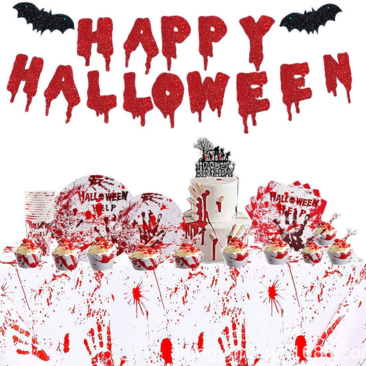 Halloween Bloody Handprints Disposable Tableware Kits Party Decorations Supplies 98pcs