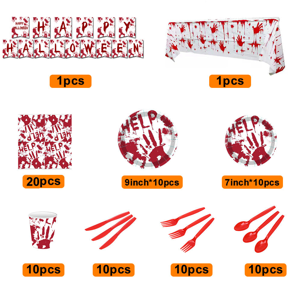 Halloween Party Bloody Hands Disposable Tableware Kits Halloween Party Decorations Supplies 82pcs