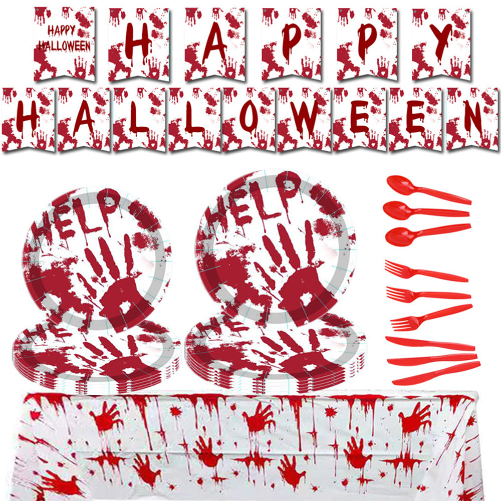 Halloween Party Bloody Hands Disposable Tableware Kits Halloween Party Decorations Supplies 82pcs