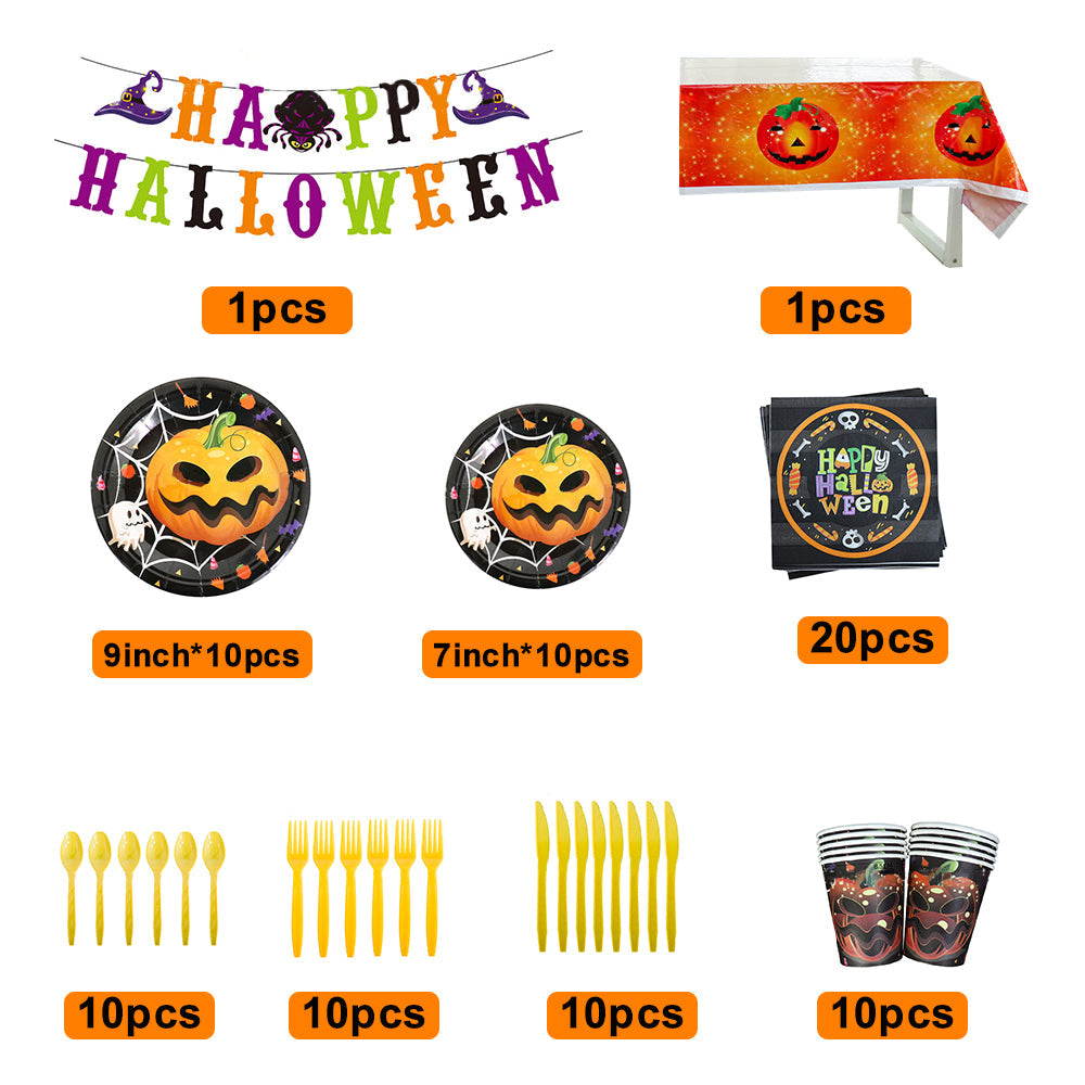 Halloween Pumpkin Design Disposable Tableware Tablecloth Banner Kits Halloween Party Decorations Supplies 82pcs