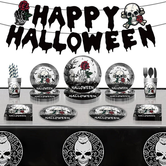 Halloween Skull Design Disposable Tableware Tablecloth Banner Kits Halloween Party Decorations Supplies 92pcs