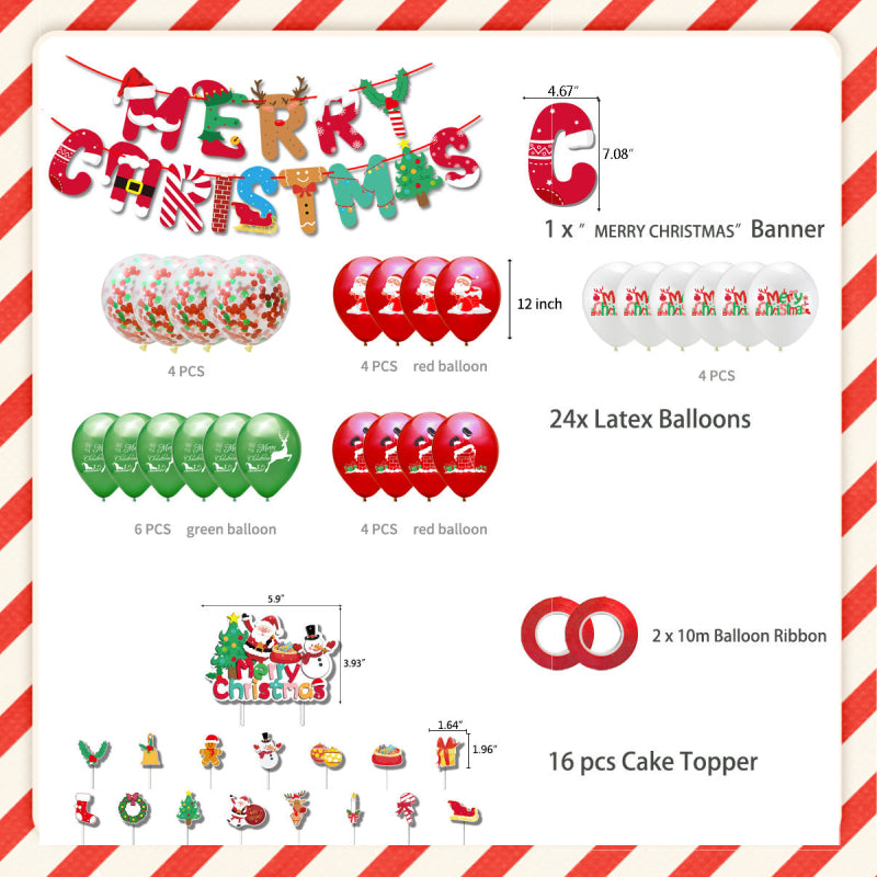 Christmas Balloons Set with Banner and Cake Topper for Christmas Party Decorations