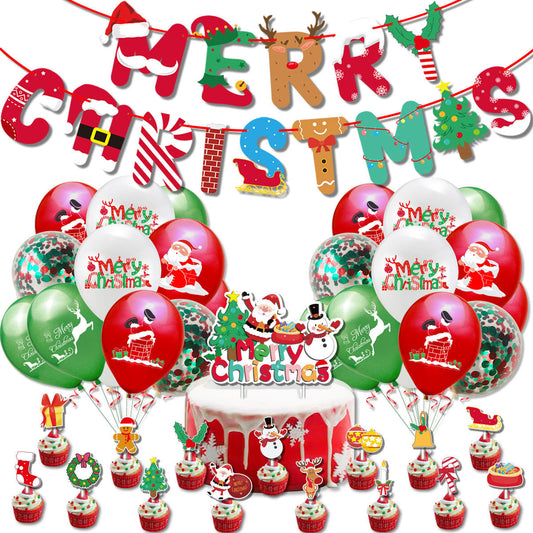 Christmas Balloons Set with Banner and Cake Topper for Christmas Party Decorations