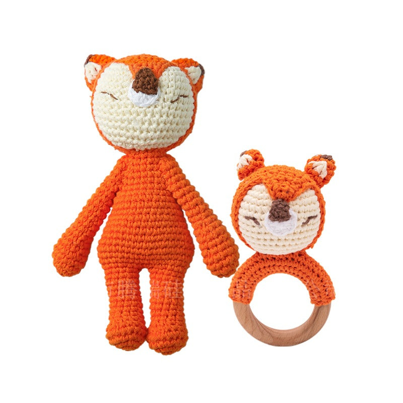 Knitted Dolls Toy Cute Animal Wooden Baby Rattle for Children's Educational Toy