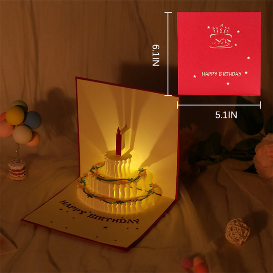 Music Candle Cake Happy Birthday 3D Pop Up Cards Led Light Pop Up Greeting Card