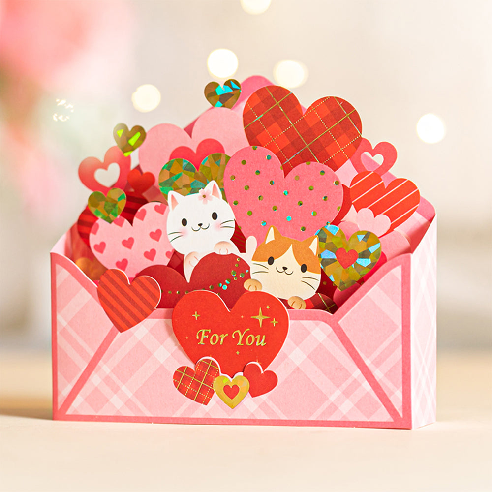 Creative 3D Pop Up Greeting Card Envelope Heart Cat Card