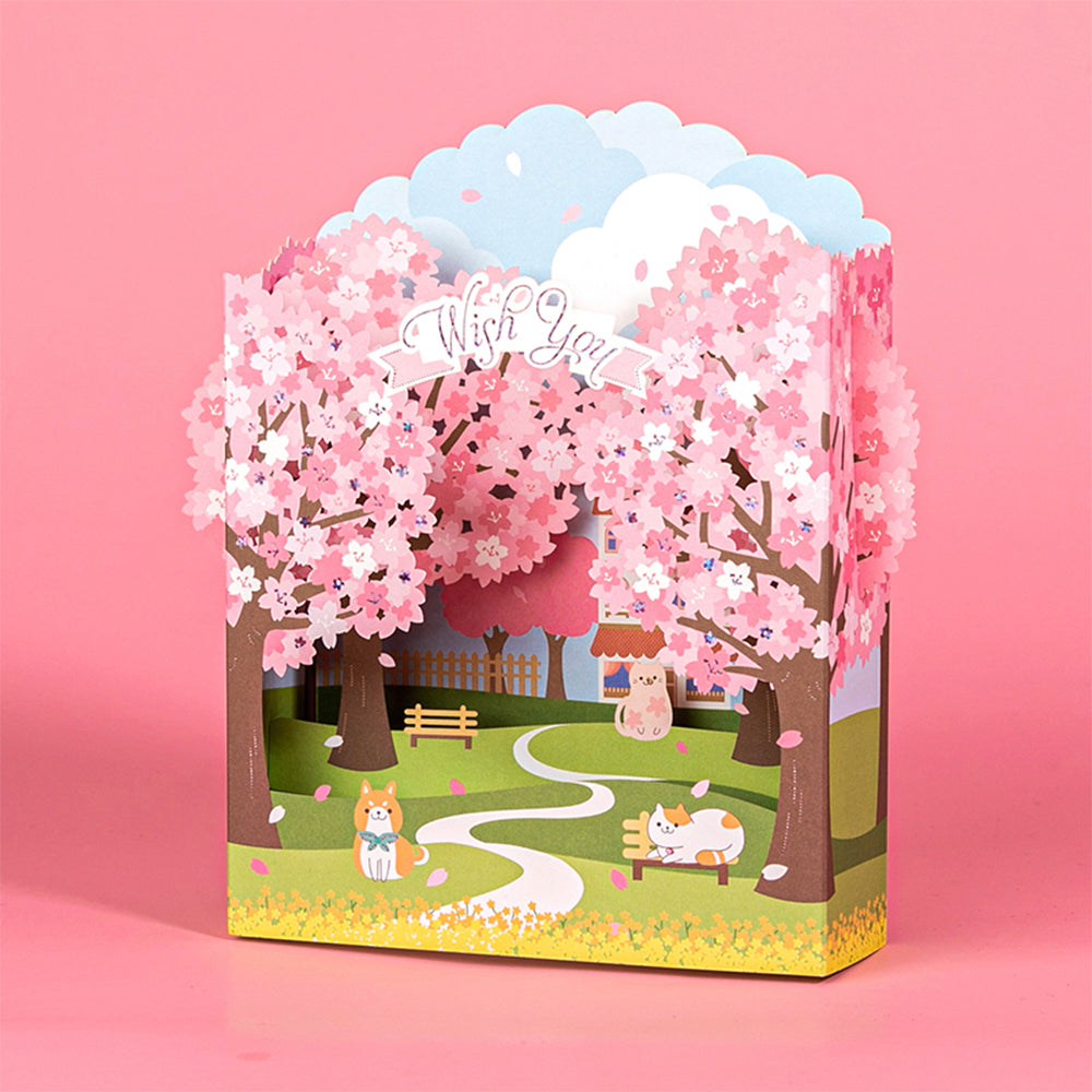 Creative 3D Pop Up Greeting Card Romantic Cherry Blossom Road Card