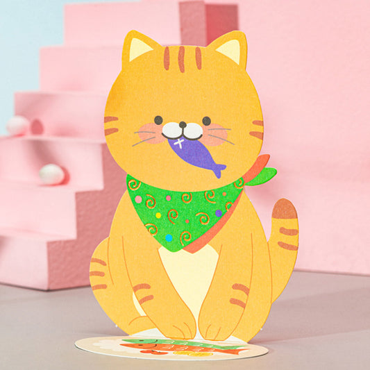 Creative 3D Pop-Up Card Cat Eating Fish Pop Up Greeting Card