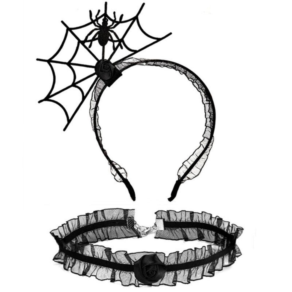 Halloween Black Lace Headbands with Clavicle Choker Necklace Halloween Hair Hoop for Party Supply Cosplay Decoration