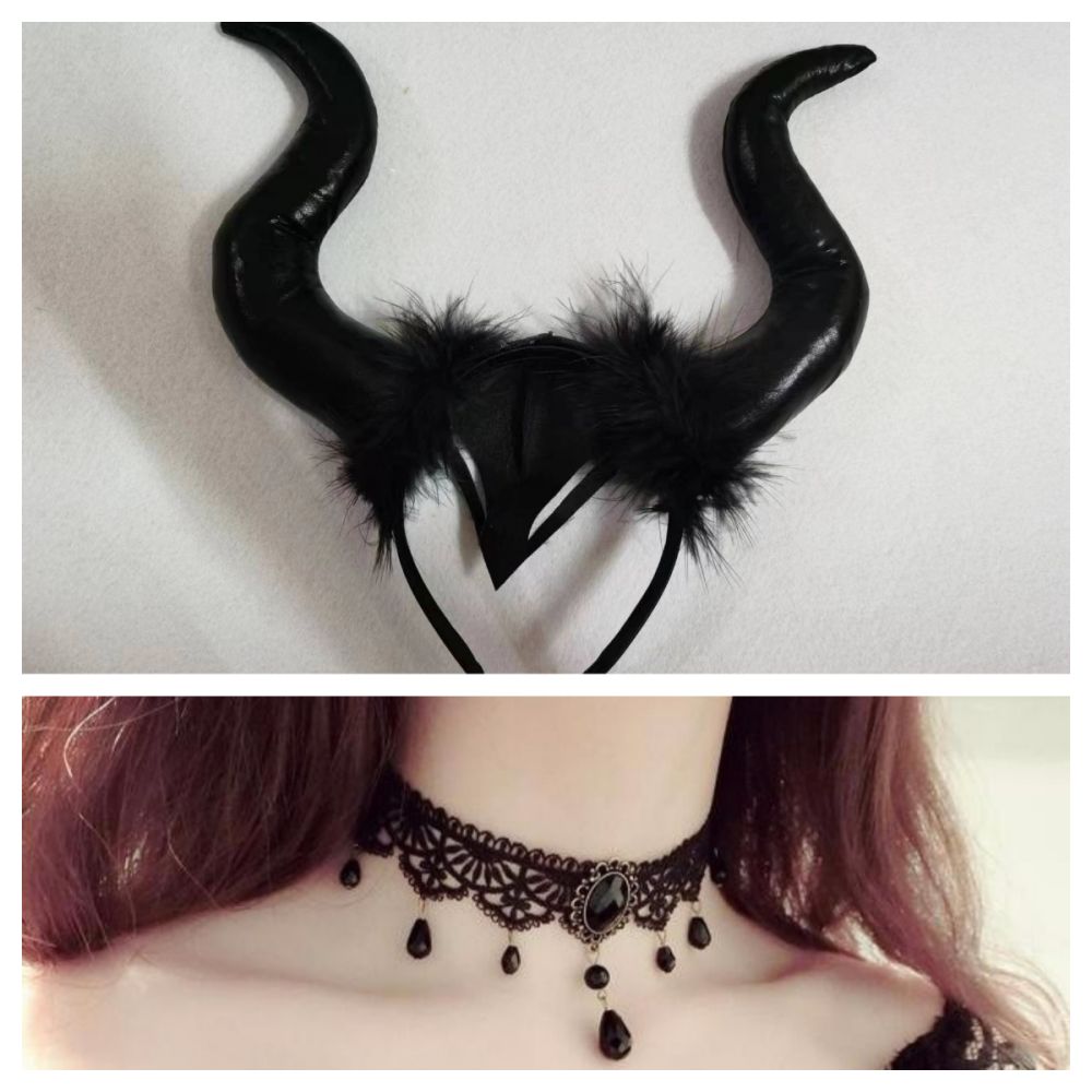 Halloween Devil Horns Headband with Clavicle Choker Necklace Halloween Hair Hoop Cosplay Decoration