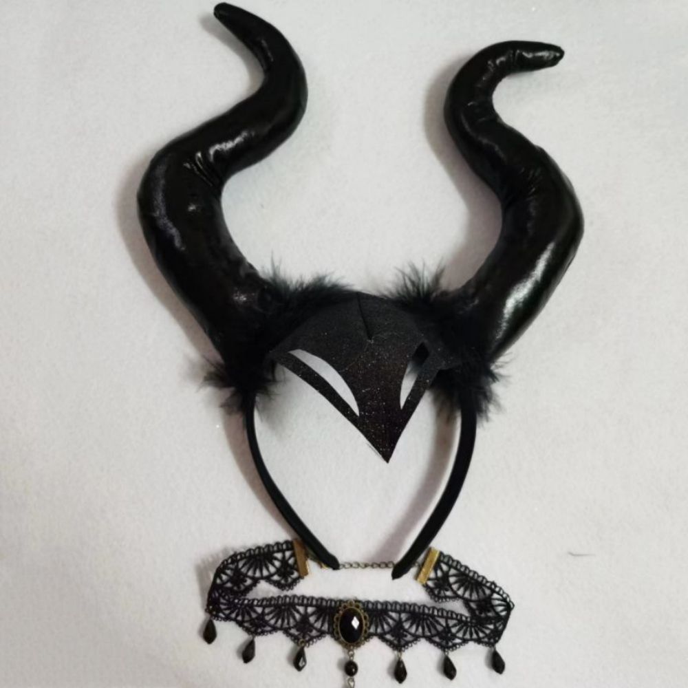 Halloween Devil Horns Headband with Clavicle Choker Necklace Halloween Hair Hoop Cosplay Decoration