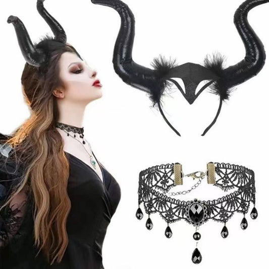 Halloween Devil Horns Headband with Clavicle Choker Necklace Halloween Hair Hoop Cosplay Decoration