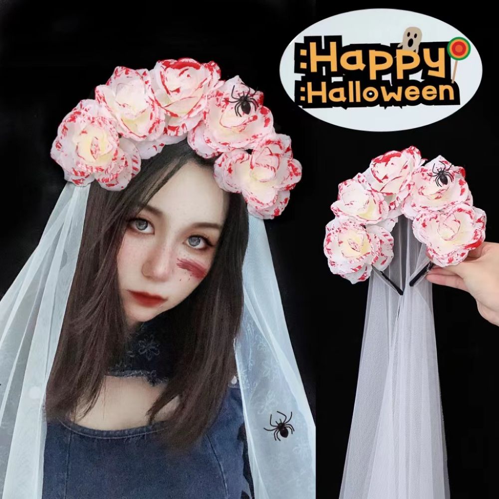 Halloween Flower Headband White Veil Hair Hoop Masquerade Accessories