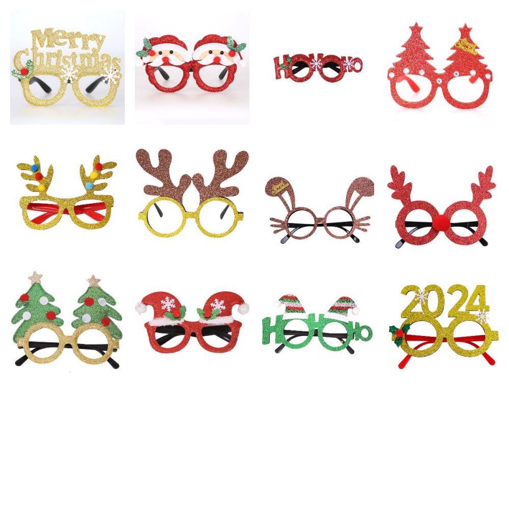 12 Pcs Christmas Glitter Glasses Frames Christmas Decoration Accessories Costume Eyeglasses for Christmas Party Supplies