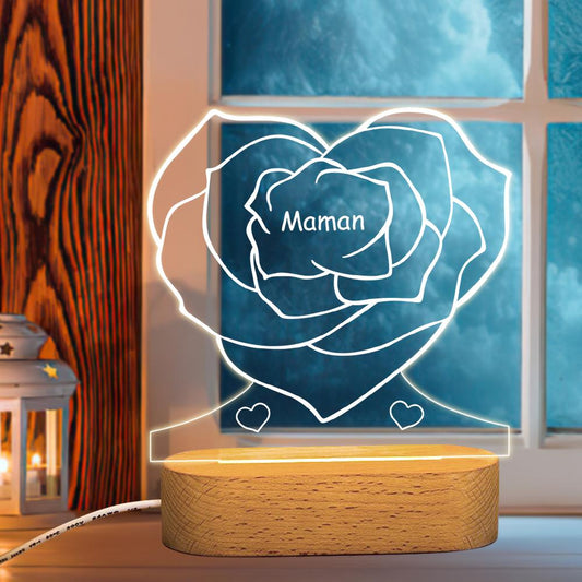 Personalized Rose Night Light with Engraved Names - Custom Love Heart LED Lamp