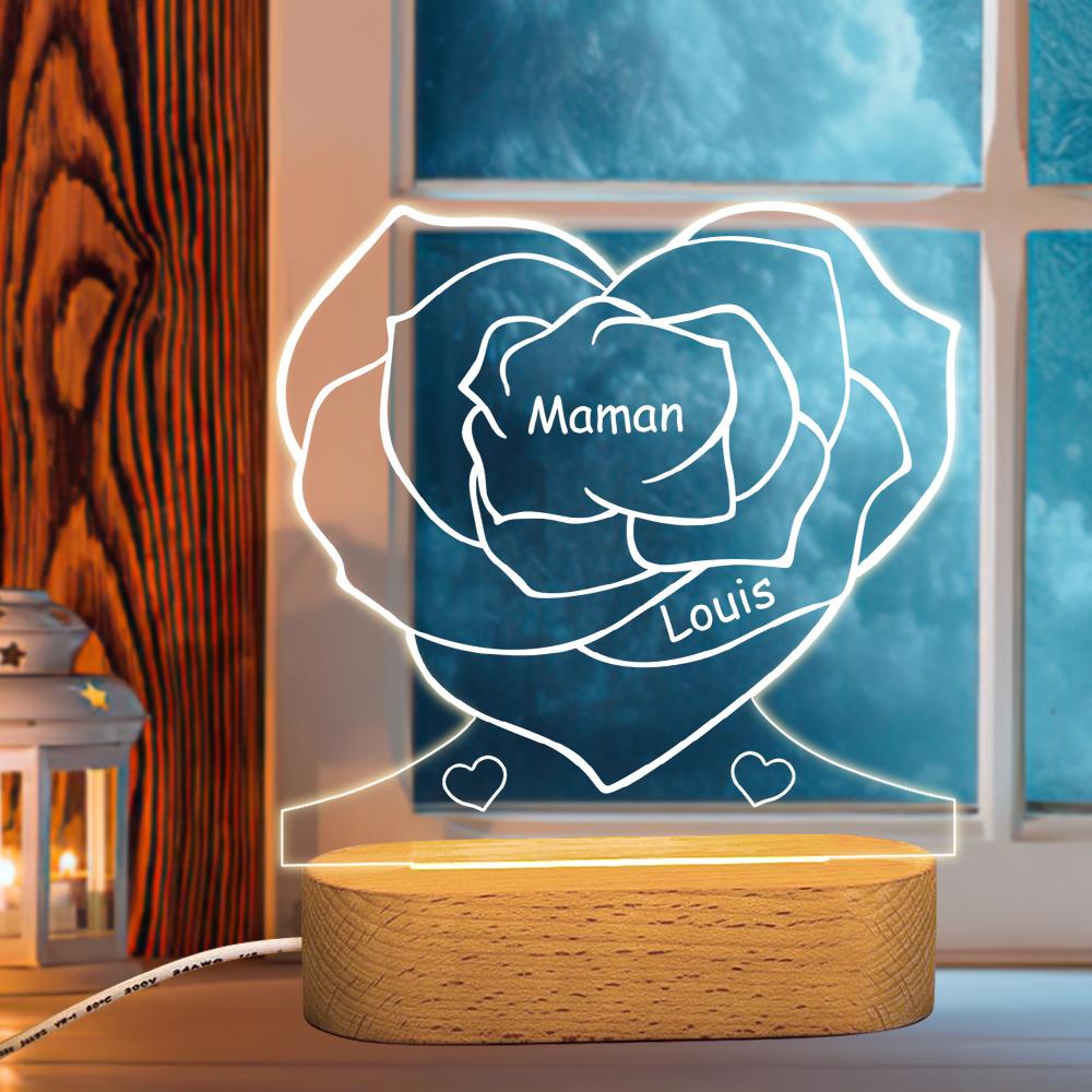 Personalized Rose Night Light with Engraved Names - Custom Love Heart LED Lamp