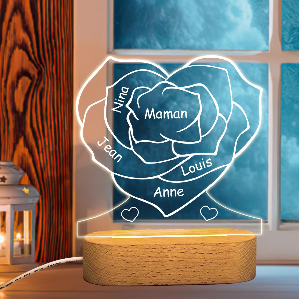 Personalized Rose Night Light with Engraved Names - Custom Love Heart LED Lamp