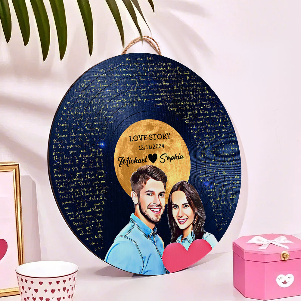 Personalized Vinyl Record Song Lyrics and Portrait Round Wood Sign Gift for Lover