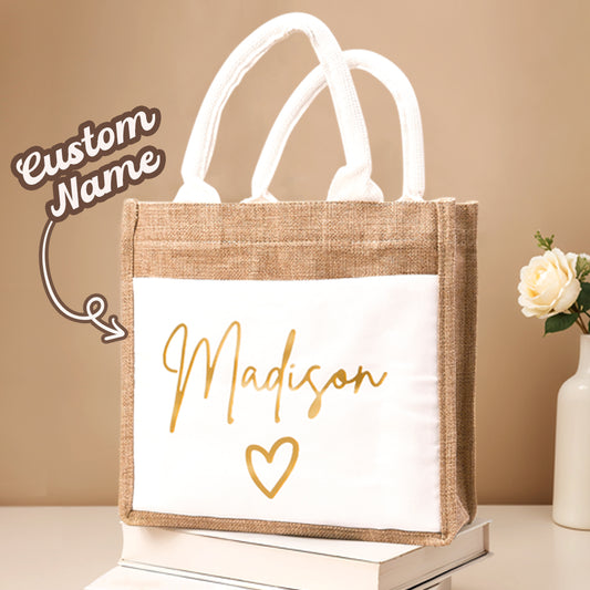 Personalized Jute Tote Bag with Pocket Reusable Beach Travel Accessory Bridal Party Wedding Gift for Her