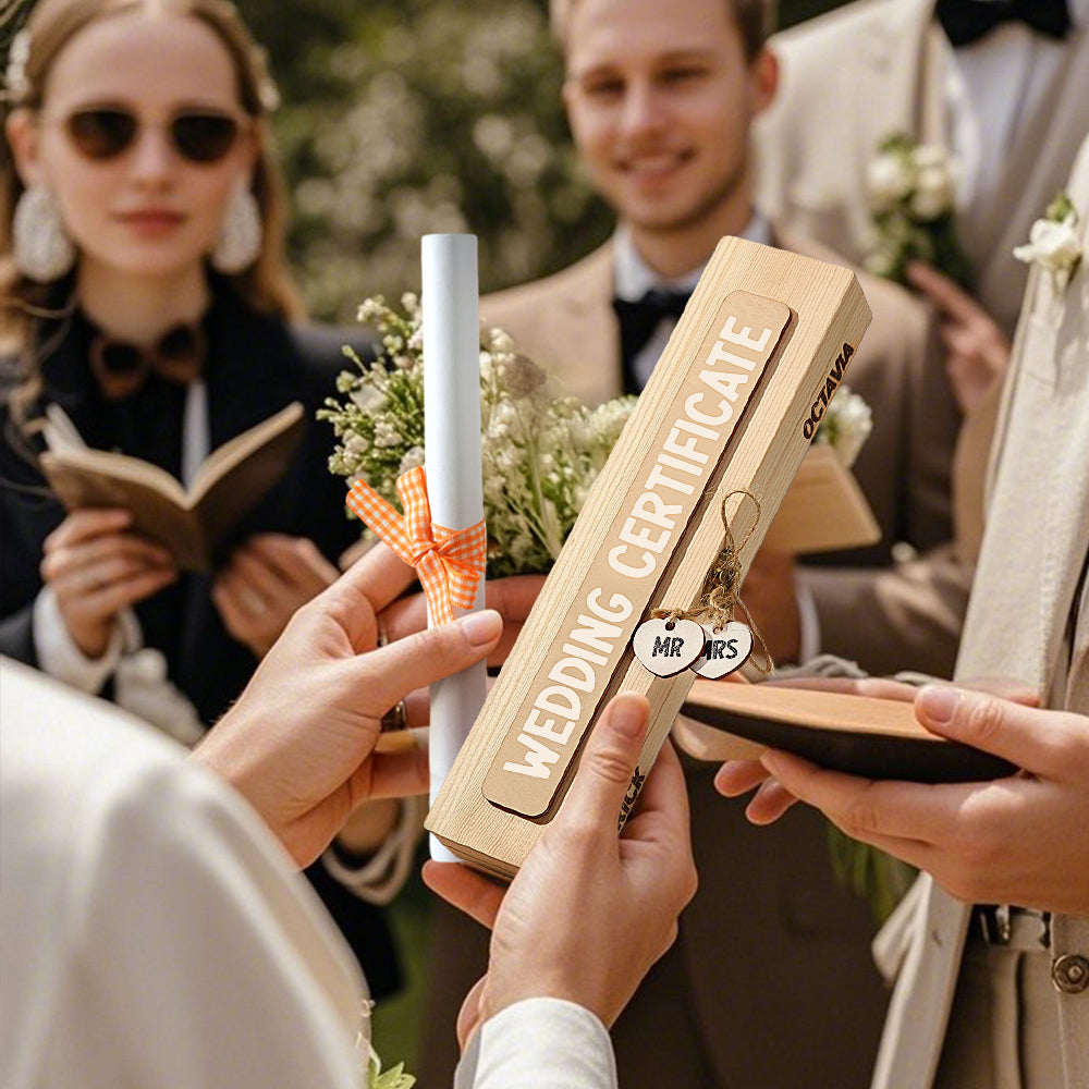 Personalized Wedding Certificate Wooden Storage Box with Mr And Mrs Heart Charms Wedding Gift for Couple