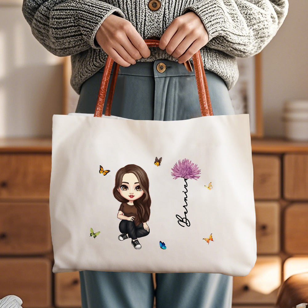 Personalized Cartoon Character Birth Flower Canvas Tote Bag Birthday Gift for Her