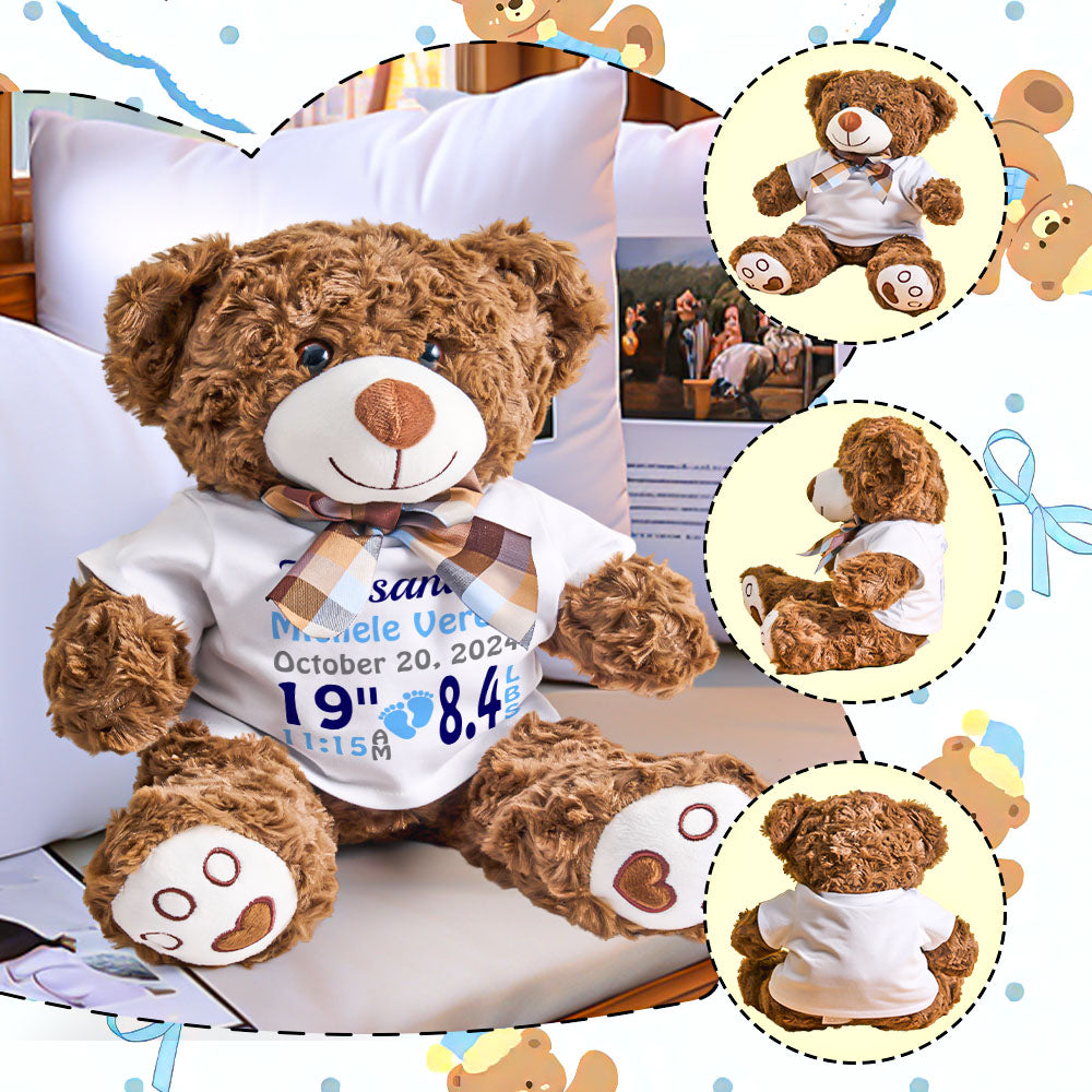 Personalized Bear Plush Stuffed Toy Birth Announcement Gift for Baby Shower