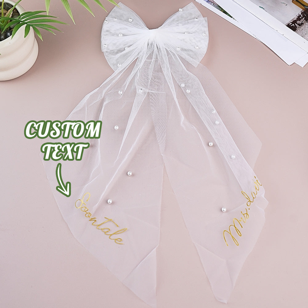 Personalized Pearl Bride Bow Clip Veil with Text White Veil Engagement Wedding Gift for Her