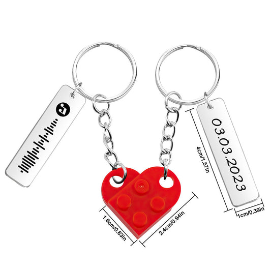 Personalized Music Code and Date Matching Couples Love Heart Bricks Keychain for Couples