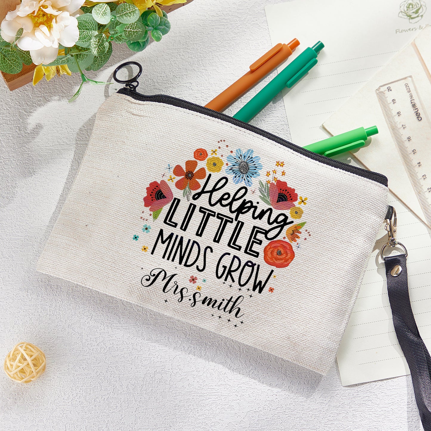 Personalized Flower Pencil Canvas Makeup Bag with Name Appreciation Back to School Gift for Teacher