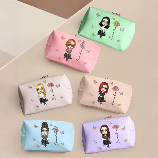 Personalized Cartoon Character Makeup Bag with Birth Flower PU Leather Cosmetic Bag Gift for Her