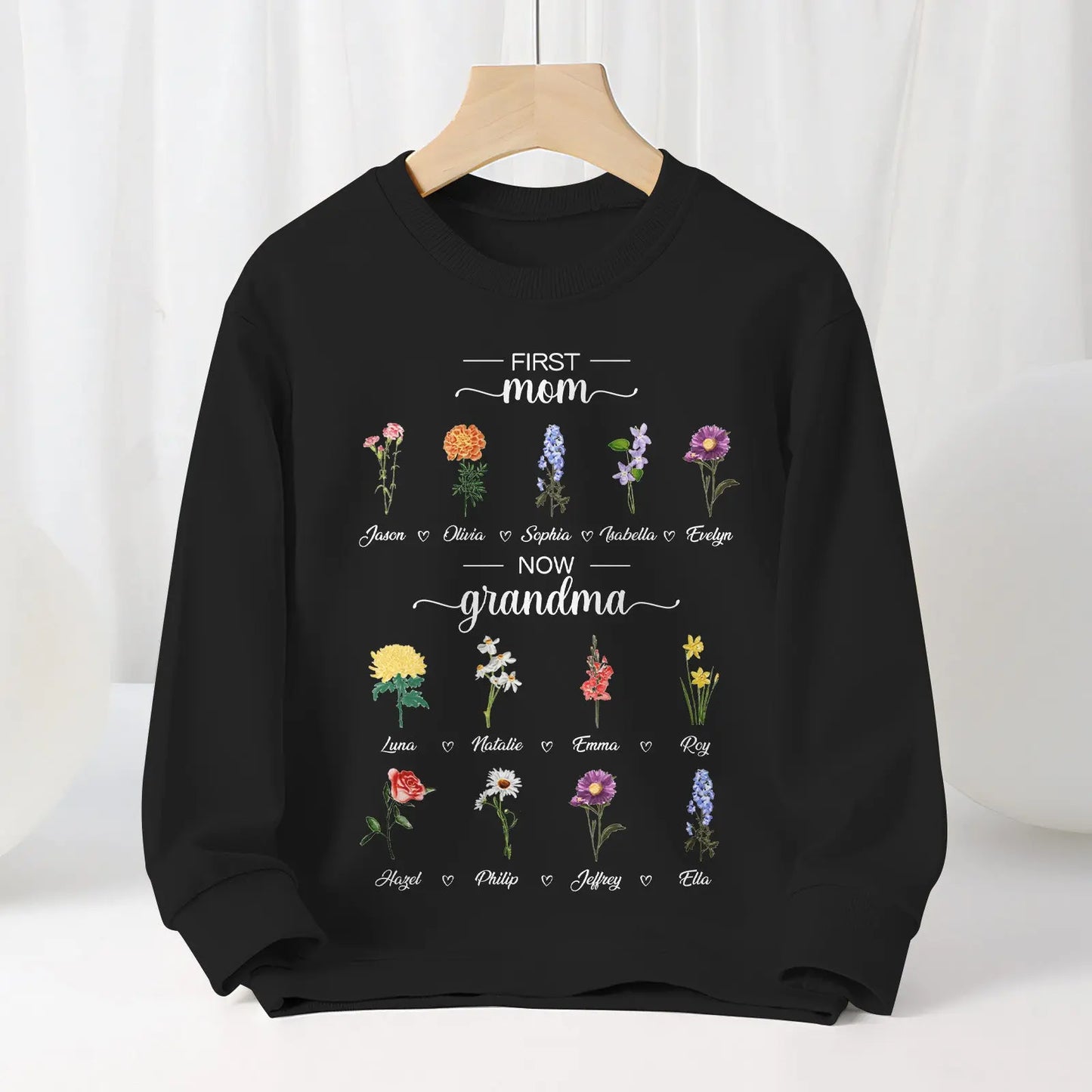 Personalized First Mom Now Grandma Sweatshirt Custom Birth Flowers Sweatshirts for Mother's Day Gift