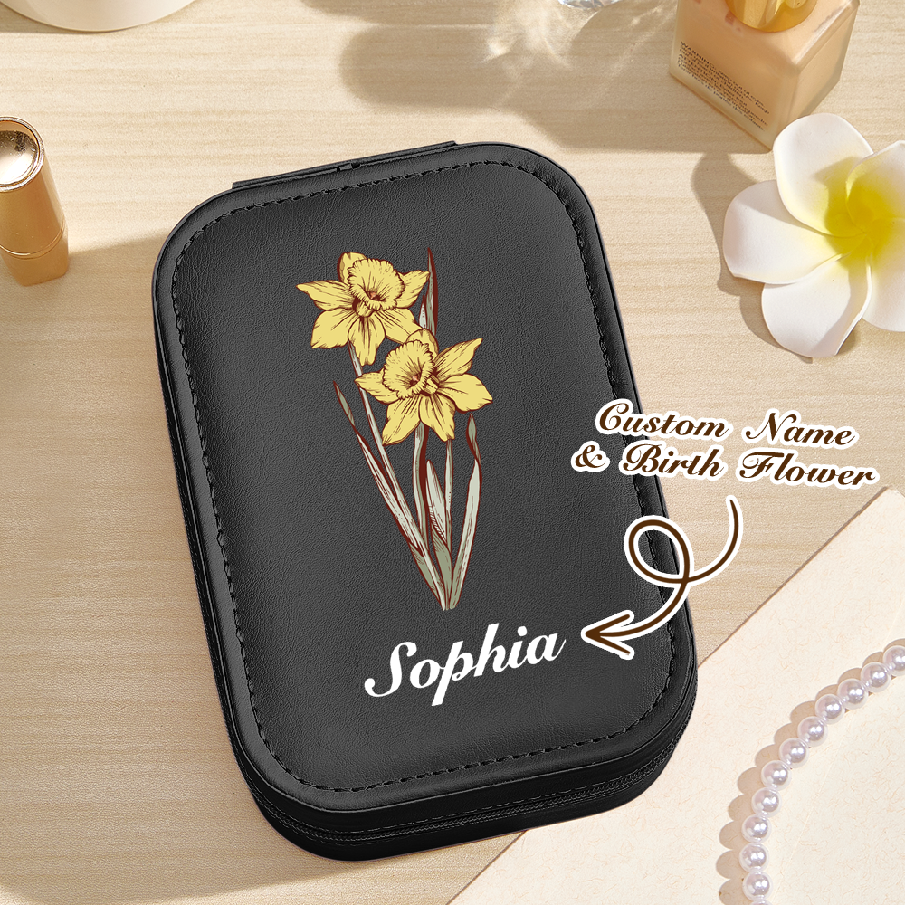 Personalized Birth Flower PU Leather Jewelry Box with LED Makeup Mirror Birthday Gift for Her