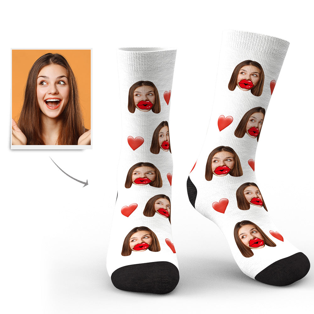 Custom Face Socks Personalized Unisex Socks with Heart and Red Lips